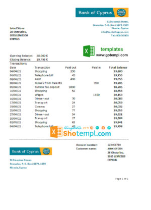 Cyprus Bank of Cyprus bank statement easy to fill template in .xls and .pdf file format