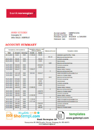 Norway Bank Norwegian AS bank statement easy to fill template in Word and PDF format