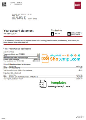 USA North Carolina BB&T Corp. bank account statement template in Word and PDF format