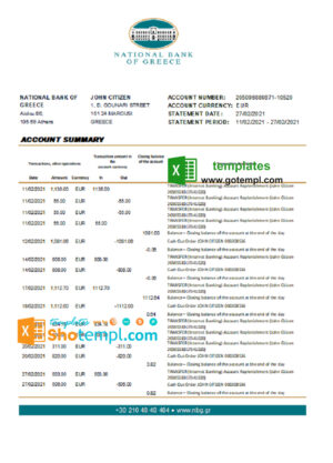Greece National Bank of Greece bank statement template in .xls and .pdf file format