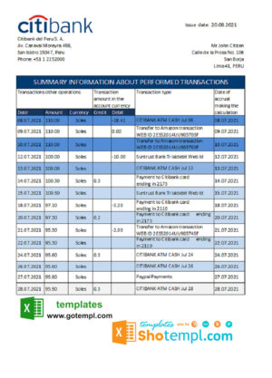 Peru Citibank bank statement easy to fill template in .xls and .pdf file format