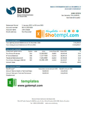 Ecuador Banco Interamericano de Desarrollo BID bank statement easy to fill template in .xls and .pdf file format