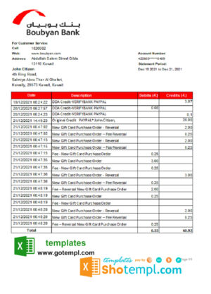 Kuwait Boubyan bank statement easy to fill template in .xls and .pdf file format