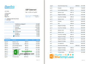 United Kingdom Revolut Bank statement easy to fill template in Excel and PDF format (3 pages)