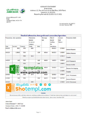 Tunisia Amen Bank statement easy to fill template in .xls and .pdf file format