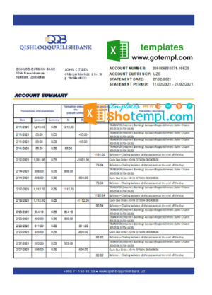 Uzbekistan Qishloq Qurilish Bank statement easy to fill template in Excel and PDF format