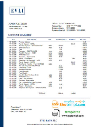Finland Evli Bank PLC Bank statement template in Word and PDF format
