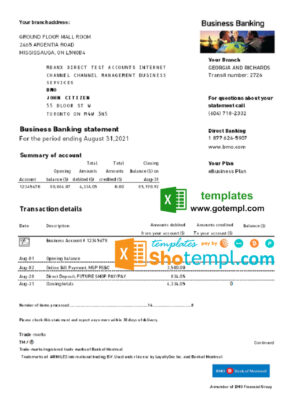 USA BMO Bank of Montreal bank proof of address statement template in Excel and PDF format