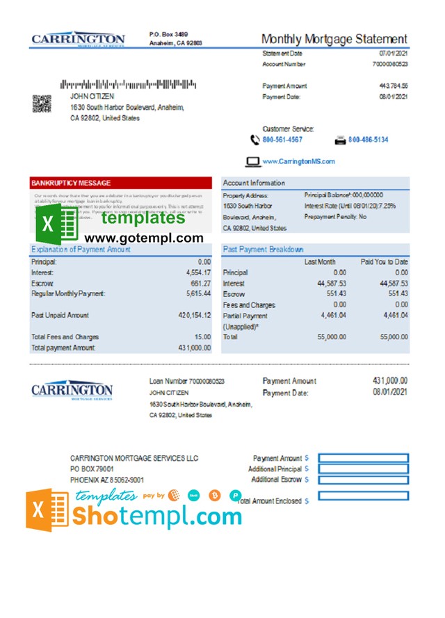 USA Carrington Mortgage Services bank statement easy to fill template in .xls and .pdf file format USA Carrington Mortgage Services bank statement easy to fill template in .xls and .pdf file format
