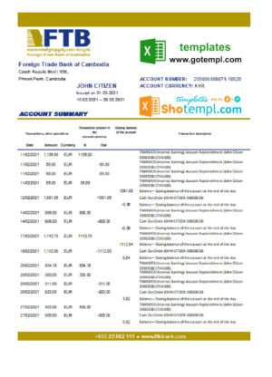 Cambodia Foreign Trade Bank of Cambodia bank statement easy to fill template in Excel and PDF format