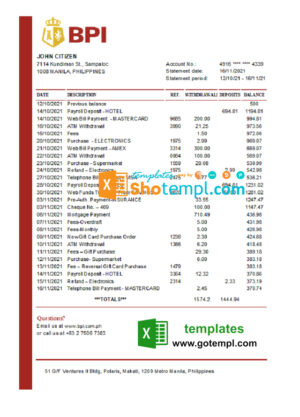 Philippines Bank of the Philippine bank statement easy to fill template in Excel and PDF format