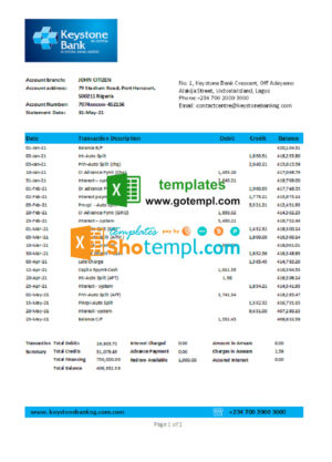 Nigeria Keystone Bank statement easy to fill template in .xls and .pdf file format