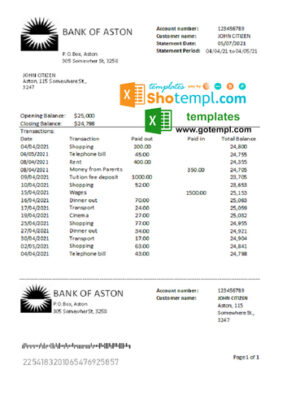 United Kingdom Bank of Aston bank statement easy to fill template in Excel and PDF format