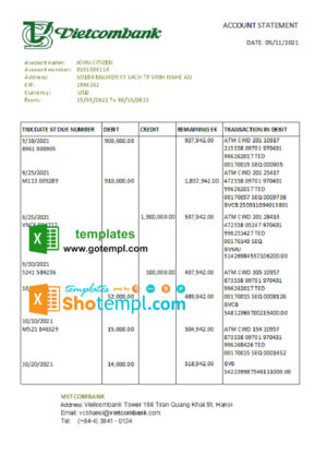 Vietnam Vietcombank bank statement easy to fill template in .xls and .pdf file format