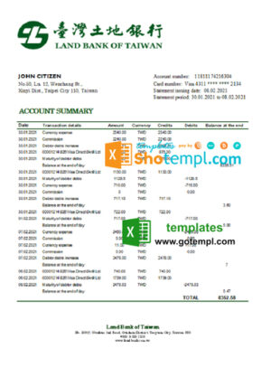 Taiwan Land Bank of Taiwan bank statement easy to fill template in Excel and PDF format