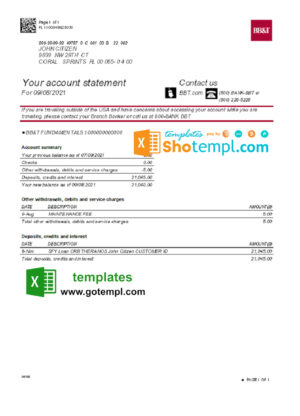 USA North Carolina BB&T Corp. bank account statement template in Excel and PDF format
