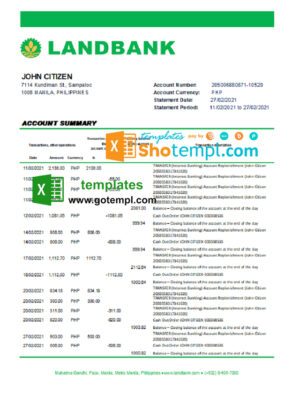Philippines Land Bank of the Philippines bank statement easy to fill template in Excel and PDF format