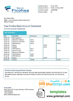 Nicaragua Banco Ficohsa bank proof of address statement template in Word and PDF format, .doc and .pdf format
