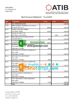 Libya Assaray Bank (ATIB) statement easy to fill template in Excel and PDF format