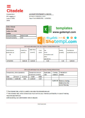 Latvia Citadele bank statement template in Excel and PDF format