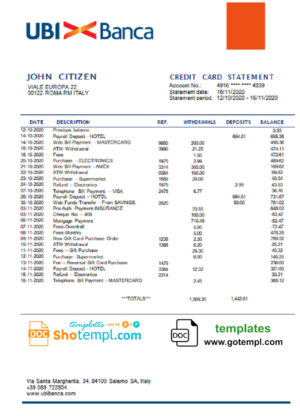 Italy UBI BANCA bank statement template in Word and PDF format, fully editable