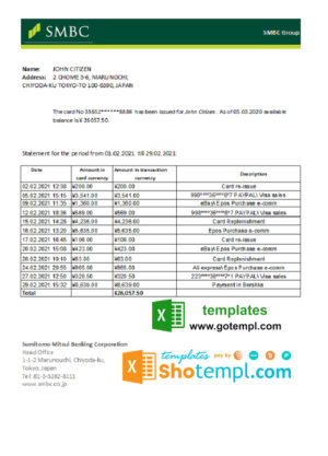 Japan Sumitomo Mitsui Banking Corporation (SMBC) bank statement easy to fill template in .xls and .pdf file format