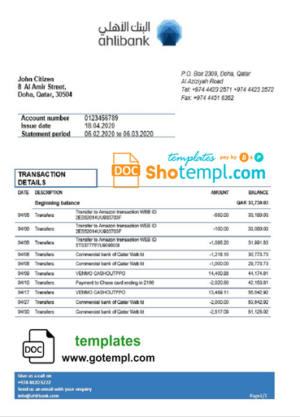 Qatar Ahlibank proof of address bank statement template in Word and PDF format, .doc and .pdf  format