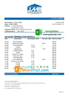 Jamaica Mortgage Bank statement easy to fill template in Excel and PDF format