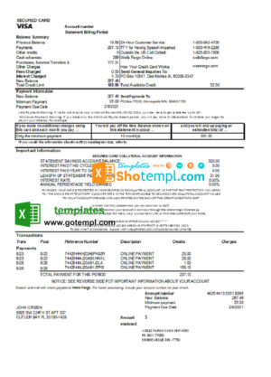 USA Wells Fargo bank credit card statement template in Excel and PDF format