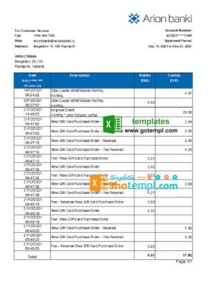 Iceland Arion Bank statement easy to fill template in .xls and .pdf file format