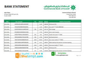 Kuwait Commercial Bank statement easy to fill template in .xls and .pdf file format