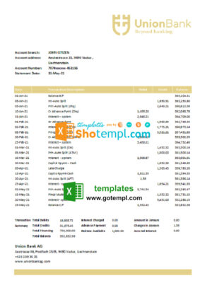 Liechtenstein Union Bank AG bank statement easy to fill template in Excel and PDF format