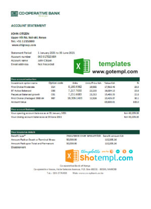 Kenya Co-operative Bank of Kenya bank statement easy to fill template in Excel and PDF format