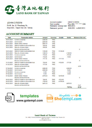 Taiwan Land Bank of Taiwan bank statement template in Word and PDF format, good for address prove