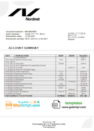 Sweden Nordnet AB bank statement easy to fill template in .doc and .pdf format, fully editable