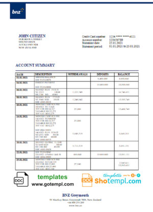 New Zealand BNZ Greymouth bank statement template in Word and PDF format