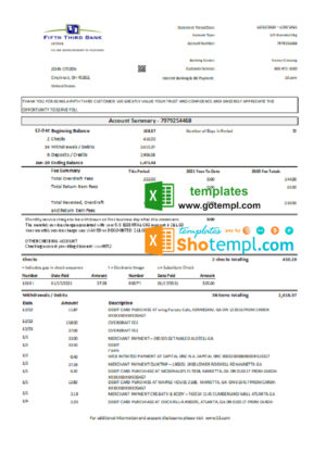 USA Fifth Third Bank statement easy to fill template in .xls and .pdf file format