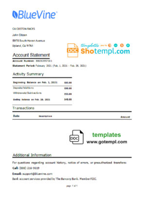 USA California BlueVine bank statement template in Word and PDF format, .doc and .pdf format