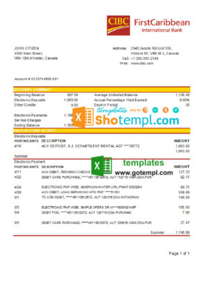 Canada CIBC Bank statement template in Excel and PDF format (AutoSum)