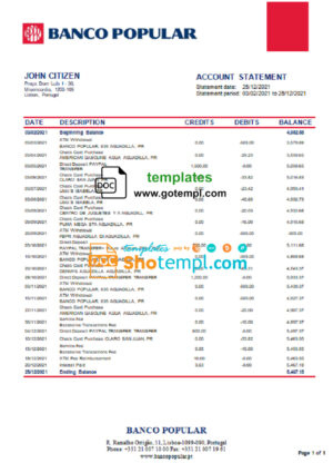 Portugal Banco Popular bank statement in Word and PDF format