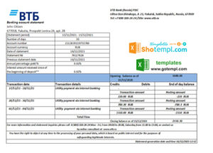 Russia VTB bank statement easy to fill template in .xls and .pdf file format