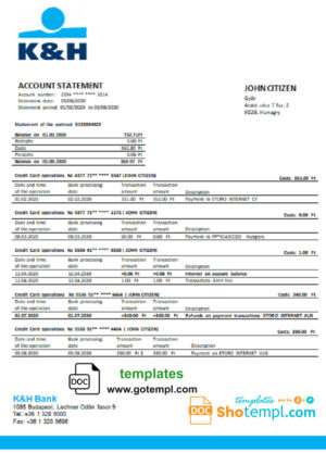 Hungary K&H Bank statement template in Word and PDF format