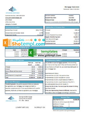 USA Springside Mortgage bank statement template in Excel and PDF format