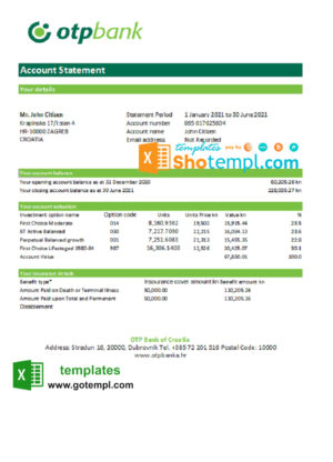 Croatia OTP Bank statement easy to fill template in Excel and PDF format