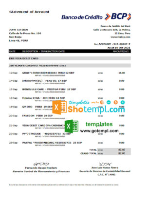Peru Banco de Credito del Peru (BCP) bank statement easy to fill template in Excel and PDF format
