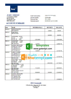 New Zealand BNZ Greymouth Bank statement easy to fill template in .xls and .pdf format