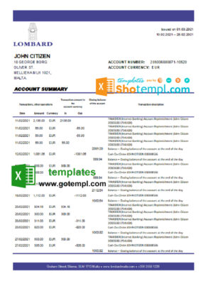 Malta Lombard Bank Malta p.l.c. bank statement easy to fill template in .xls  and .pdf file format