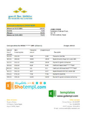Nepal Kumari Bank statement template in Excel and PDF format