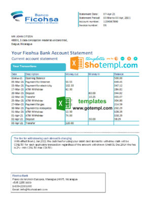 Nicaragua Banco Ficohsa bank statement easy to fill template in Excel and PDF format