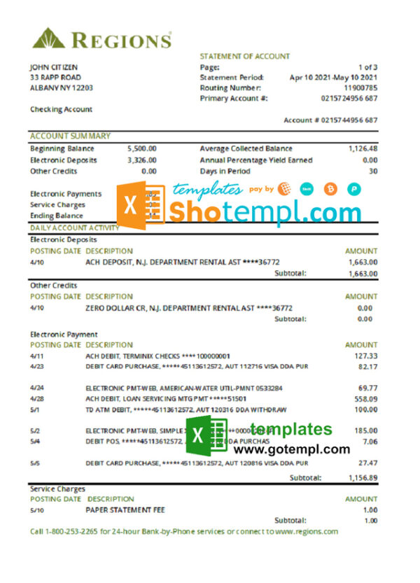 USA Regions bank statement template in .xls and .pdf file format